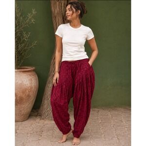 Floral Block Print Patiala Salwa Pleated Tapered Harem Pants Med Red Boho Summer